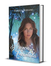 Load image into Gallery viewer, Front cover art for Patricia Bossano's hard cover Herencia Encantada. Young lady, magical forest background, young man watching orbs dance from behind a tree
