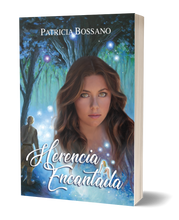 Load image into Gallery viewer, Front cover art for Patricia Bossano&#39;s soft cover Herencia Encantada. Young lady, magical forest background, young man watching orbs dance from behind a tree