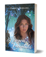 Load image into Gallery viewer, Front cover art for Patricia Bossano's soft cover Herencia Encantada. Young lady, magical forest background, young man watching orbs dance from behind a tree