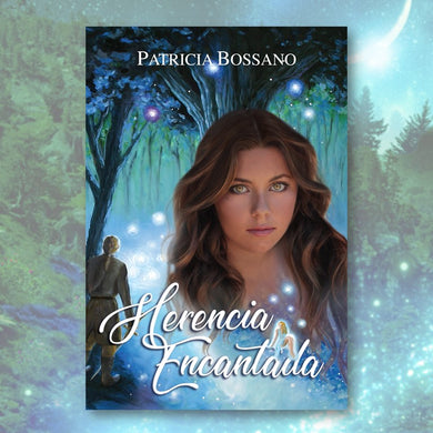 Front cover art for Patricia Bossano's Herencia Encantada. Young lady, magical forest background, young man watching orbs dance from behind a tree. Thumbnail forest background with new moon