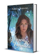 Load image into Gallery viewer, Front cover art for Patricia Bossano&#39;s hard cover Herencia Encantada. Young lady, magical forest background, young man watching orbs dance from behind a tree