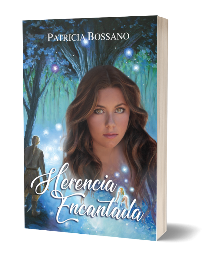 Front cover art for Patricia Bossano's soft cover Herencia Encantada. Young lady, magical forest background, young man watching orbs dance from behind a tree